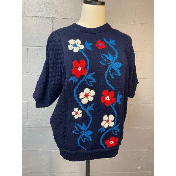Vintage 1980s Floral Novelty Knit Short Sleeve Sweater Red White Blue Med - Picture 4 of 10